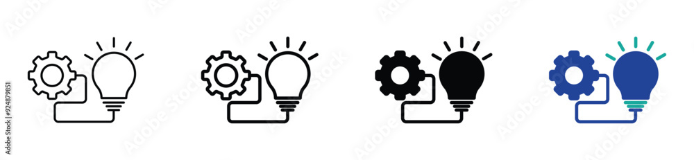 Wall mural implement idea icon, solution execute develop, configuration cogwheel with light bulb, innovation analysis process, success industry preferences, vector stock. 