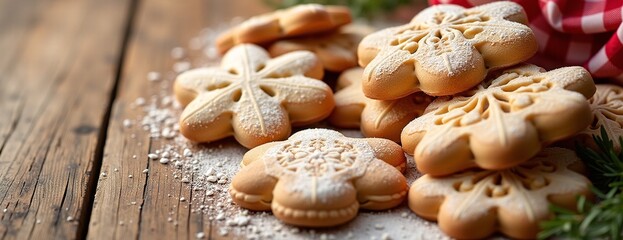 Festive flower-shaped cookies dusted with powdered sugar on rustic wooden table