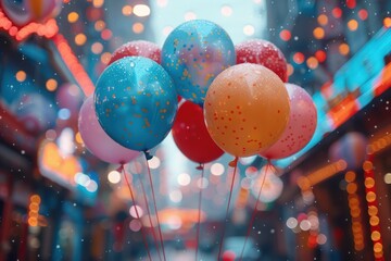 Colorful Balloons Against a Cityscape Blur