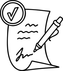 Line doodle signing contract icon. Sketch vector illustration. Pen signature on sheet of paper. Document sign. Work application form. Business agreement and deal