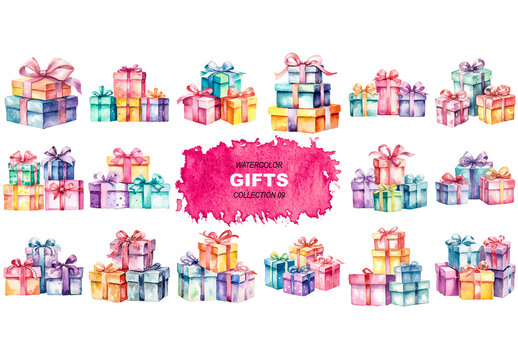 Vector watercolor painted style - gift boxes clipart isolated on white background. Created using Generative AI.