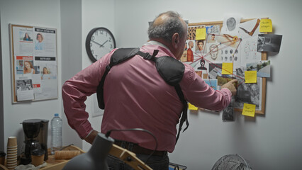 Bald man in pink shirt analyzing a detective board in a room, indicating an investigation scenario.