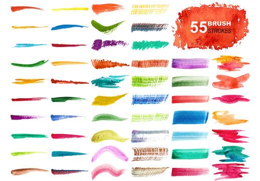 Vector collection of colorful watercolor brush strokes and splatters isolated on white background.