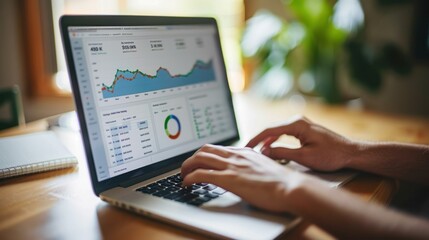 Person working on laptop with business charts and data