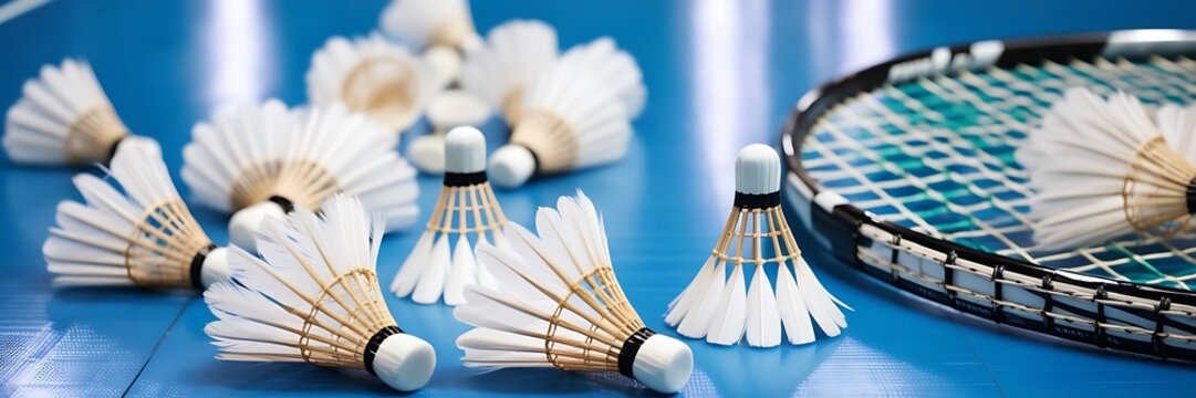 Close up shuttlecocks on racket bad mintons at badminton courts