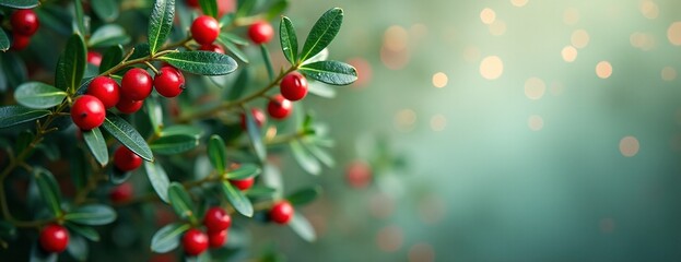 Obraz premium Festive Holly Berries Gleaming Against Blurred Bokeh Background with Copy Space