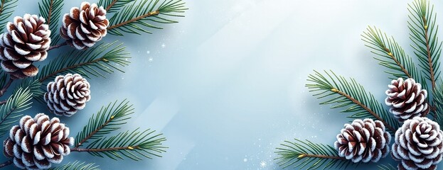 Naklejka premium Festive Pine Cones and Branches with Frosty Charm against Blue Background with Copy Space