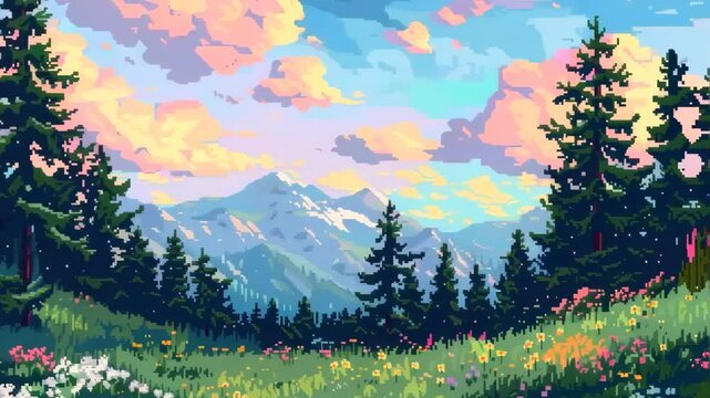 Pixel art background meadow with flowers and trees sky clouds mountains