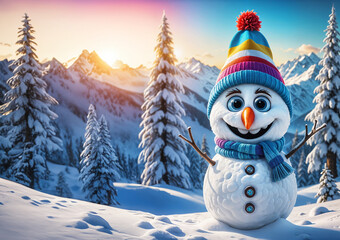 Obraz premium Bonhomme de neige coloré souriant dans un paysage d'hiver, joyeux noël et bonne année