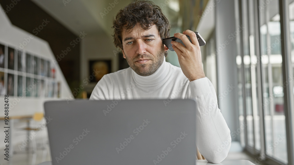 Poster Handsome young hispanic man listening to a voice message in a modern office setting.