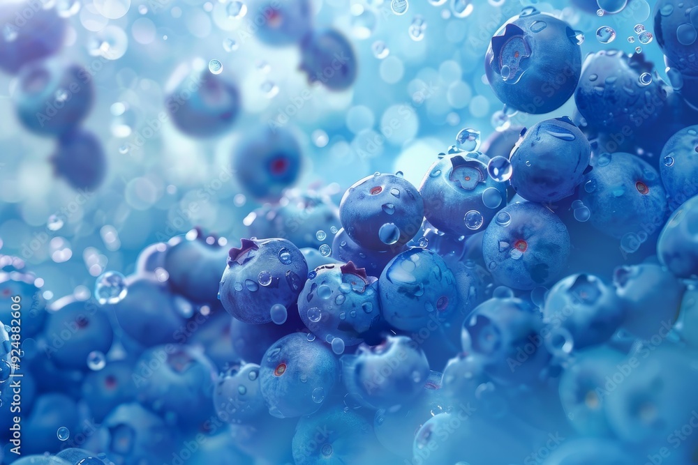 Poster Ripe blueberries with water drops splashing on a blue background