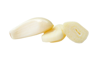 Front view of peeled garlic cloves with slices in stack isolated on white background with clipping path