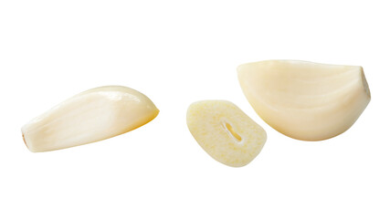 Top view set of peeled garlic cloves with slices isolated in png file format