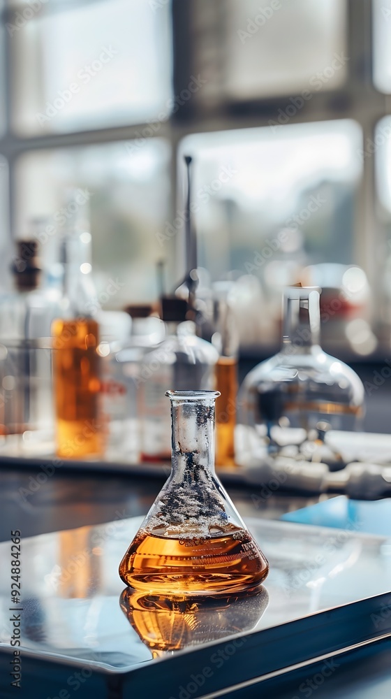 Poster closeup of a laboratory flask with a yellow liquid.
