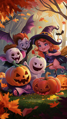 A colorful Halloween scene features a pumpkin-headed ghost, vampire bat, and witch enjoying festivities in a vibrant autumn forest.
