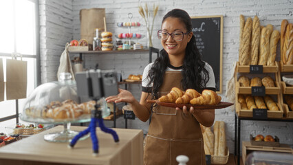 Young chinese woman recording a video for her followers in a bakery while holding a plate of croissants, surrounded by various pastries and bread, with a smartphone on a tripod.