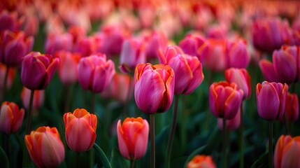 Tulip Field. Rows of Pink, Red, and Orange Blossoming Tulips in Cultivated Field