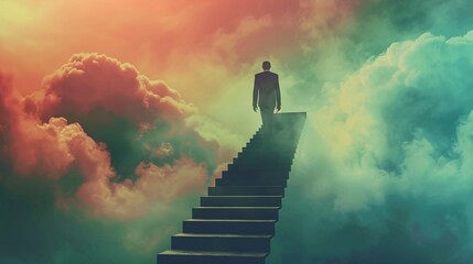 Fototapeta premium Conceptual business man climbing up a stair over clouds sky background.