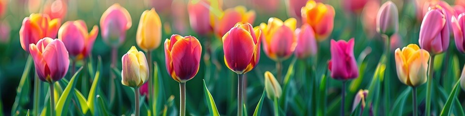 Fototapeta premium Tulips Field. Spring Landscape with Blooming Colorful Tulips Field in the Day