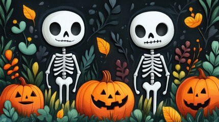 Two skeletons stand beside jack-o'-lanterns surrounded by autumn plants and leaves, creating a spooky yet playful Halloween atmosphere.