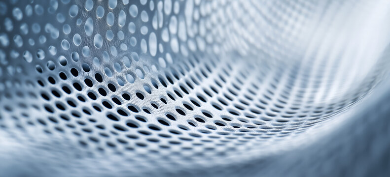 Close-up macro shot of a perforated, wavy surface with a soft blue tint. Abstract geometric pattern
