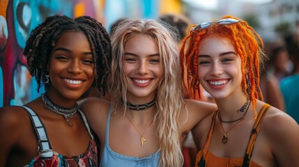 Fototapeta premium Three friends smiling at a colorful festival - generative ai