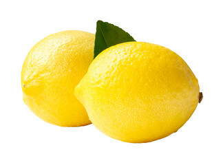 Side view of two fresh yellow lemon fruits in stack isolated with clipping path in png file format