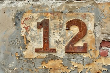 Twelve. Hand Painted Figure 12 on Weathered Plaster Background