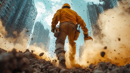 Fototapeta premium Construction worker in urban renewal - generative ai