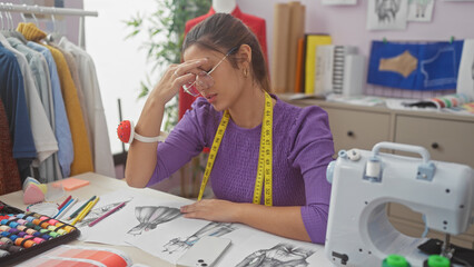 A stressed woman designer in a colorful atelier with sketches, fabric swatches, and a sewing...