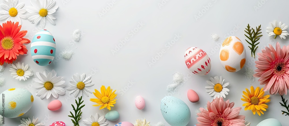 Poster Isolated Easter elements like colorful eggs and flowers on a card with space for text a perfect copy space image for Easter greetings