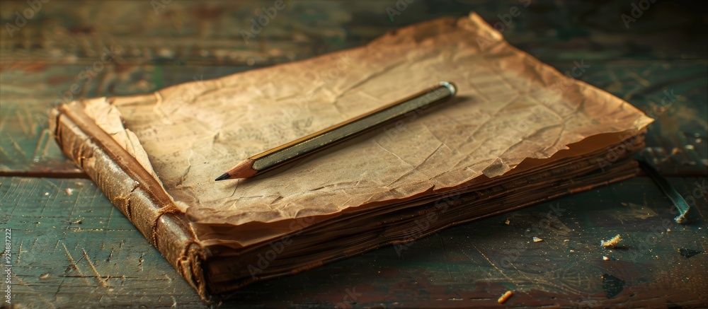 Poster old desk with a blank book and pencil ideal for copy space image