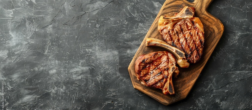 Aufkleber Top view of sliced grilled pork chop or T bone steak on a wooden board set against a gray background with available copy space image