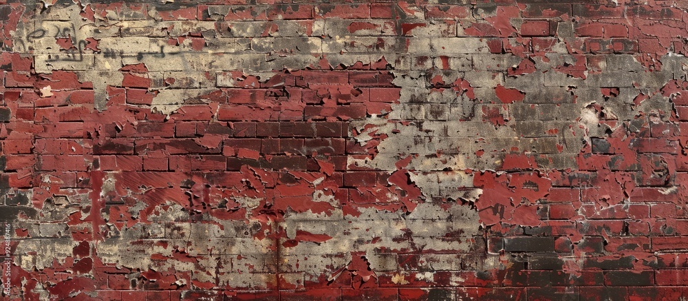 Leinwandbilder old brick wall with peeling paint creating a weathered and worn grungy red stonewall backdrop for a 