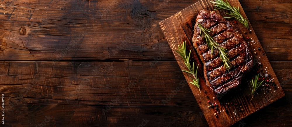 Poster A succulent grilled beef steak on a rustic table with a copy space image as a appetizing and healthy meal option shown from a top view