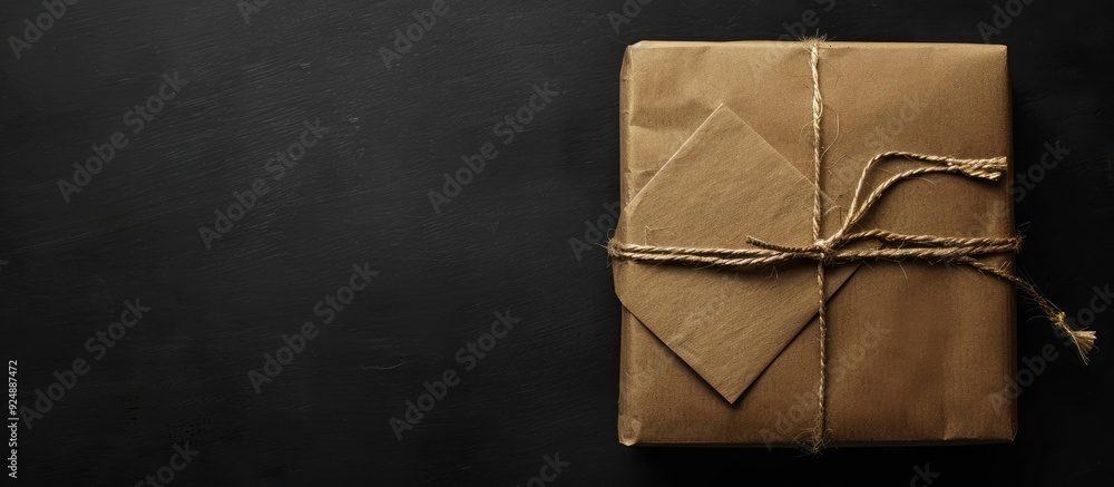 Aufkleber a package box covered in brown craft paper with a blank label on a black background from above for a