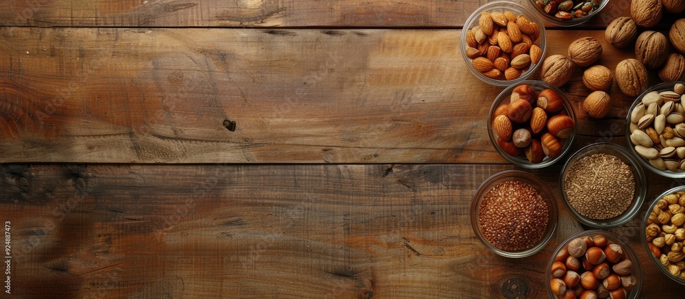Poster Various nuts displayed on a wooden surface in glass containers shot from above with space for text or graphics Emphasizing the idea of a nutritious diet with assorted nuts. Creative banner