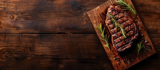 A succulent grilled beef steak on a rustic table with a copy space image as a appetizing and healthy meal option shown from a top view