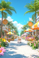Fototapeta premium 3ddianshang,with a central composition and a shopping cart in the middle,next to shopping malls,cartoon shops,signs,e-commerce scenes,summer atmosphere,colorful ice cream stalls,outdoor,unmanned,digit
