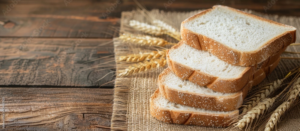 Poster copy space image of white bread slices and wheat ears displayed on burlap over a rustic wooden surfa