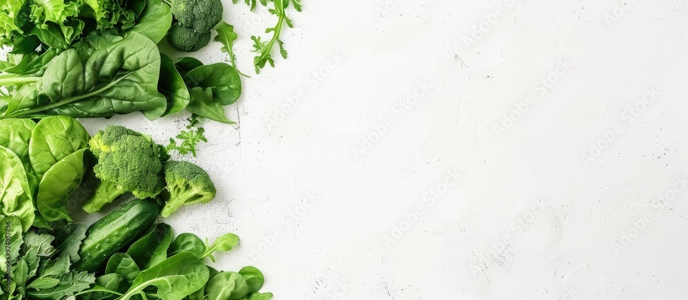 Poster High angle view of green vegetables on a white backdrop with copy space image