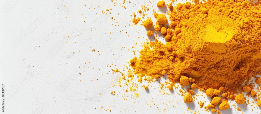 Aufkleber turmeric powder displayed on a white background with ample copy space image in a top down perspectiv