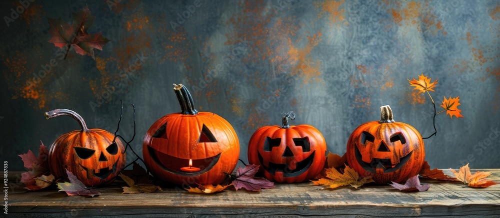 Poster halloween pumpkins on a wooden table with a grey background providing ample copy space for an image