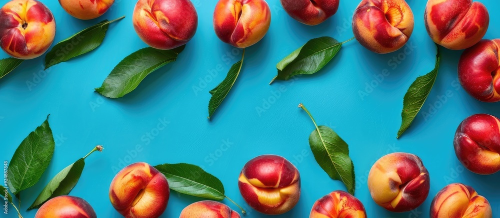 Poster Fresh nectarines arranged in a flat lay on a blue backdrop shot from above with an area for adding text or images. Creative banner. Copyspace image
