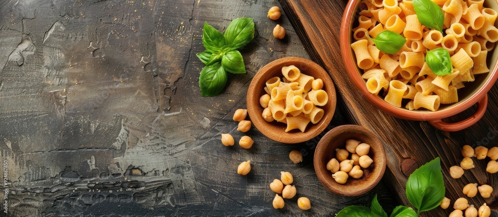 Poster top view image of an italian recipe featuring ditalini pasta and chickpeas with copy space available