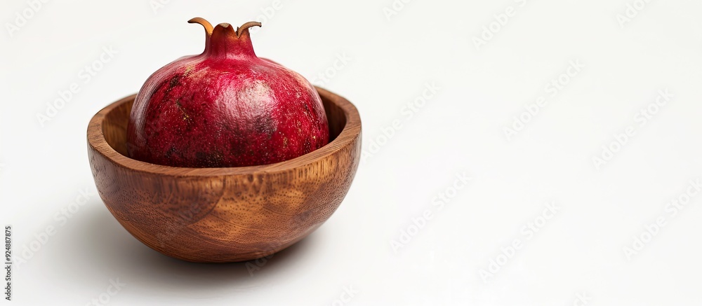 Poster a pomegranate inside a wooden cup on a white background with copy space image available