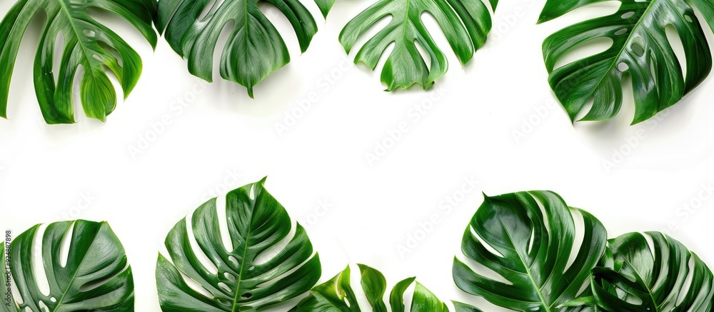 Poster monstera leaves border a white backdrop providing copy space image