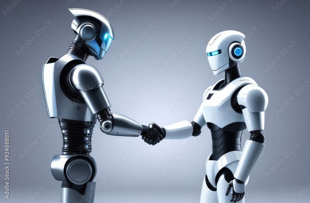 Poster two android robots made of metal shake hands. artificial intelligence development, future technology