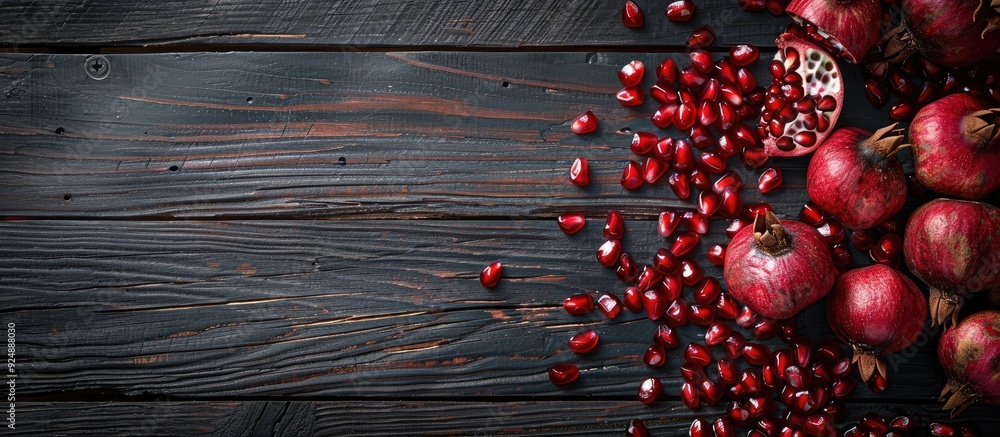 Leinwandbilder top view of a heap of sliced pomegranate on a sleek dark wooden surface with copy space image