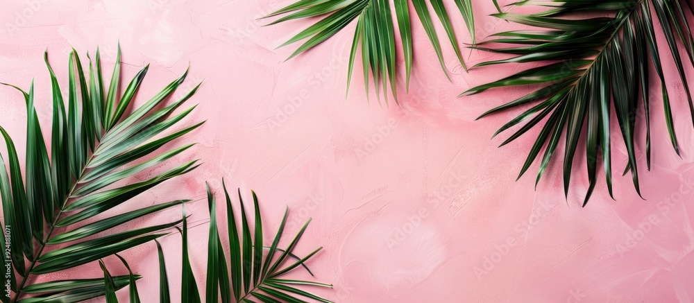 Poster tropical palm leaves on a soft pink surface create a summery scene with ample copy space for creativ